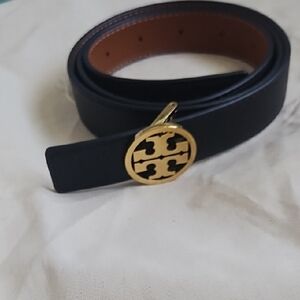 Tory Burch Black and Brown Leather Belt with Gold Buckle